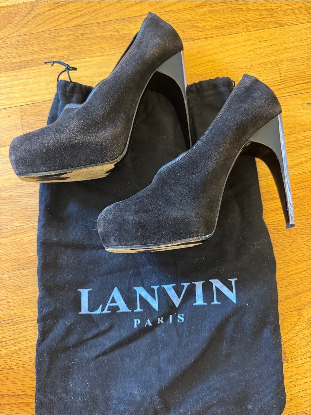 Lanvin Black Suede Platform Stiletto Pumps Metal Heel 38